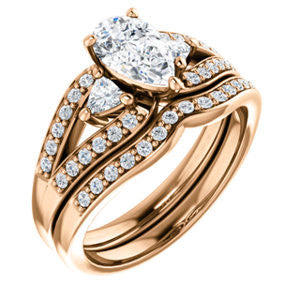 CZ Wedding Set, featuring The Karen engagement ring (Customizable Enhanced 3-stone Design with Pear Cut Center, Dual Trillion Accents and Wide Pavé-Split Band)