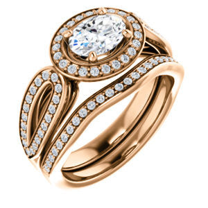 CZ Wedding Set, featuring The Jordyn Elitza engagement ring (Customizable Halo-Style Oval Cut with Twisting Pavé Split-Shank)