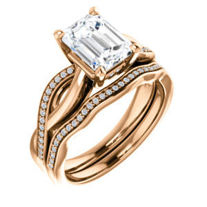 CZ Wedding Set, featuring The Louisa engagement ring (Customizable Emerald Cut Design with Twisting Split Pavé Band and Underhalo Accents)