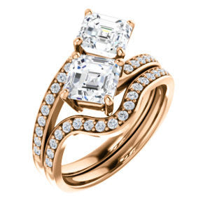 Cubic Zirconia Engagement Ring- The Phoebe (Customizable Enhanced 2-stone Double Asscher Cut Design With Round Pavé Band)