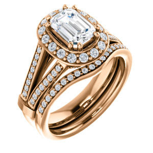 CZ Wedding Set, featuring The Shaundra engagement ring (Customizable Emerald Cut with Halo, Cathedral Prong Accents & Split-Pavé Band)