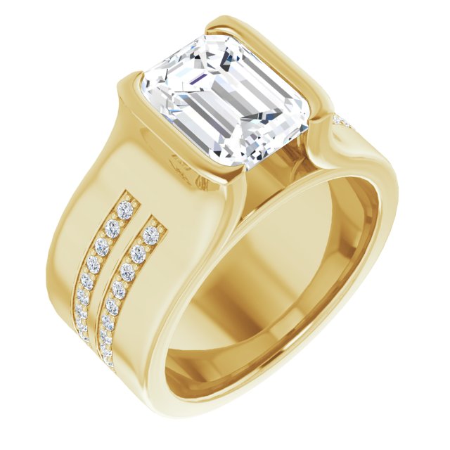 10K Yellow Gold Customizable Bezel-set Emerald/Radiant Cut Design with Thick Band featuring Double-Row Shared Prong Accents