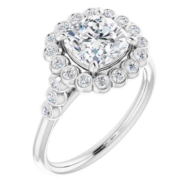 Cubic Zirconia Engagement Ring- The Chandni (Customizable Cushion Cut Cathedral-Style Clustered Halo Design with Round Bezel Accents)