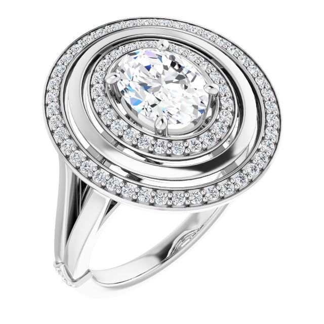 Cubic Zirconia Engagement Ring- The Allie (Customizable Oval Cut Oversized 2x Halo Style with Knuckle Accented Split Band)