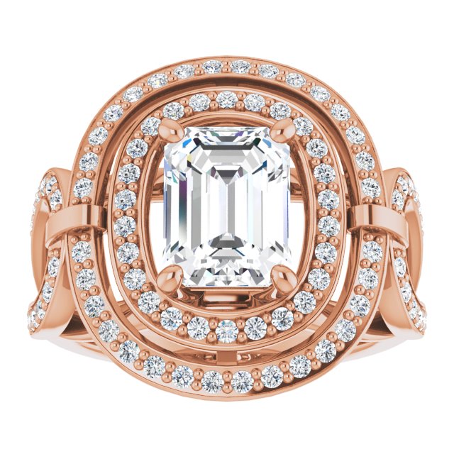 Cubic Zirconia Engagement Ring- The Daksha (Customizable Cathedral-set Radiant Cut Design with Double Halo & Accented Ultra-wide Horseshoe-inspired Split Band)