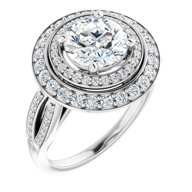 10K White Gold Customizable Cathedral-style Round Cut Design with Double Halo & Split-Pavé Band