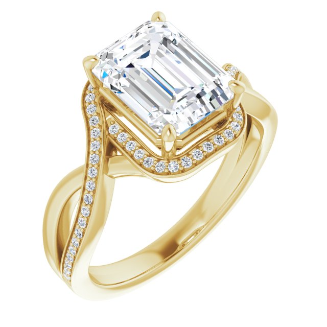10K Yellow Gold Customizable Bypass-Halo-Accented Emerald/Radiant Cut Center with Twisting Split Shared Prong Band