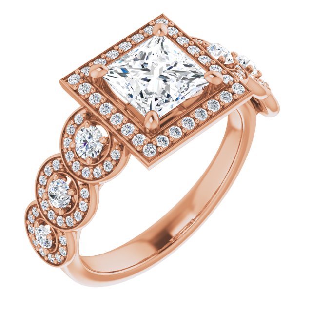 10K Rose Gold Customizable Cathedral-set Princess/Square Cut 7-stone style Enhanced with 7 Halos