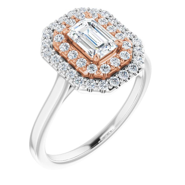 14K White & Rose Gold Customizable Cathedral-set Emerald/Radiant Cut Design with Double Halo