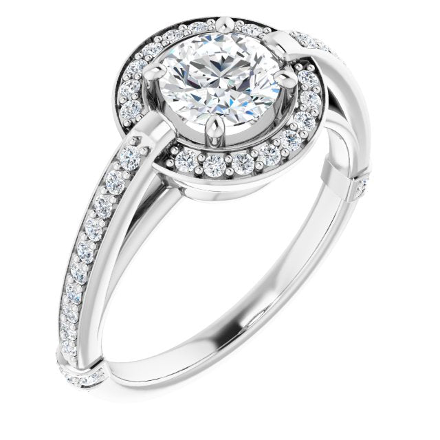 10K White Gold Customizable High-Cathedral Round Cut Design with Halo and Shared Prong Band