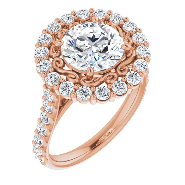 14K Rose Gold Customizable Round Cut Cathedral Style with Oversized Halo