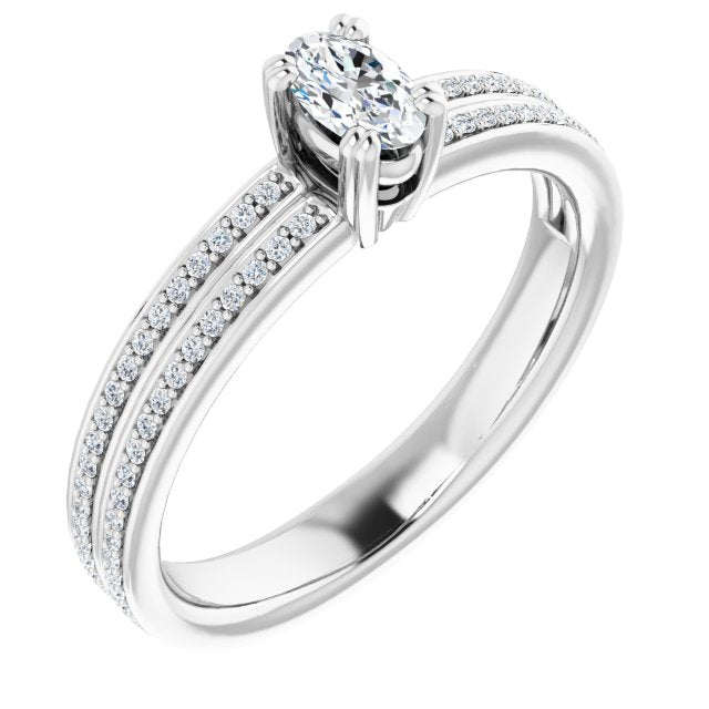 10K White Gold Customizable Oval Cut Center with 100-stone* "Waterfall" Pavé Split Band