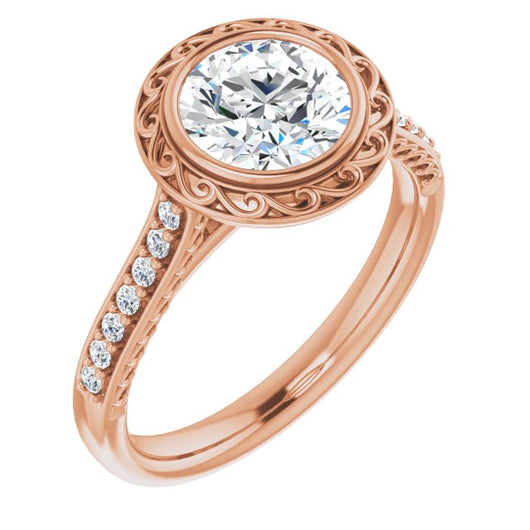 10K Rose Gold Customizable Cathedral-Bezel Round Cut Design featuring Accented Band with Filigree Inlay