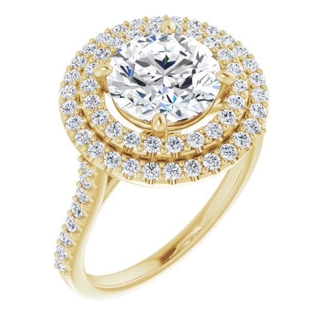 18K Yellow Gold Customizable Double-Halo Round Cut Design with Accented Split Band