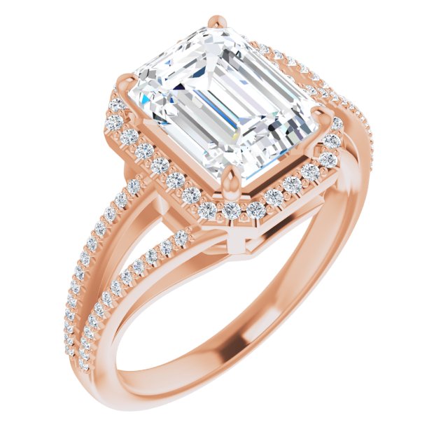 10K Rose Gold Customizable Emerald/Radiant Cut Vintage Design with Halo Style and Asymmetrical Split-Pavé Band