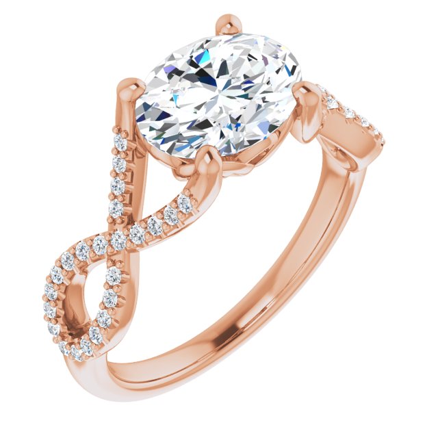 10K Rose Gold Customizable Oval Cut Design with Twisting Infinity-inspired, Pavé Split Band