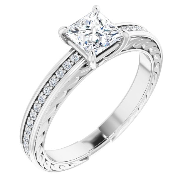 10K White Gold Customizable Princess/Square Cut Design with Rope-Filigree Hammered Inlay & Round Channel Accents