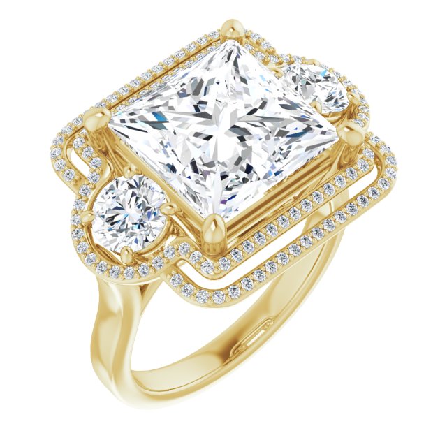 10K Yellow Gold Customizable Cathedral-set Enhanced 3-stone Princess/Square Cut Design with Multidirectional Halo