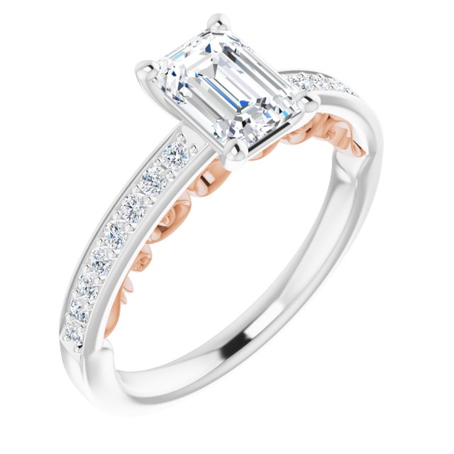 14K White & Rose Gold Customizable Emerald/Radiant Cut Design featuring 3-Sided Infinity Trellis and Round-Channel Accented Band