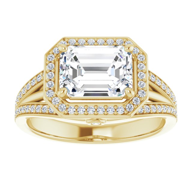 Cubic Zirconia Engagement Ring- The Hanna Jo (Customizable High-set Radiant Cut Design with Halo, Wide Tri-Split Shared Prong Band and Round Bezel Peekaboo Accents)