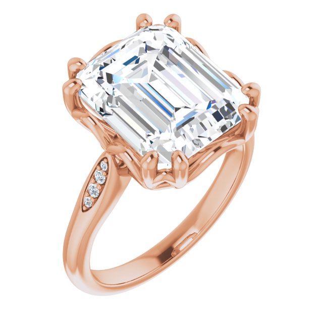 10K Rose Gold Customizable 9-stone Emerald/Radiant Cut Design with 8-prong Decorative Basket & Round Cut Side Stones