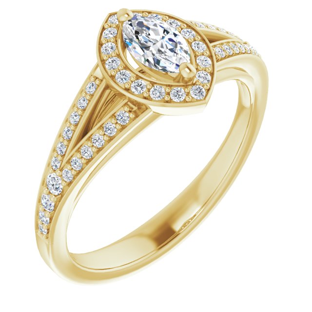 10K Yellow Gold Customizable Cathedral-Halo Marquise Cut Style featuring Split-Shared Prong Band