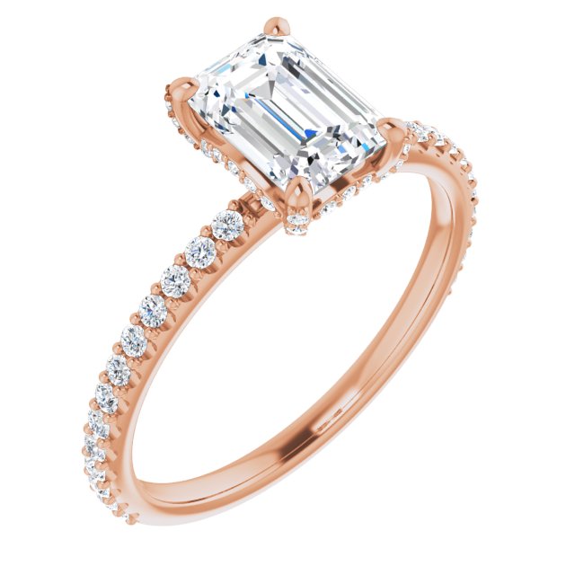 10K Rose Gold Customizable Emerald/Radiant Cut Design with Round-Accented Band, Micropav? Under-Halo and Decorative Prong Accents)