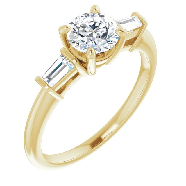 10K Yellow Gold Customizable 3-stone Round Cut Design with Dual Baguette Accents)
