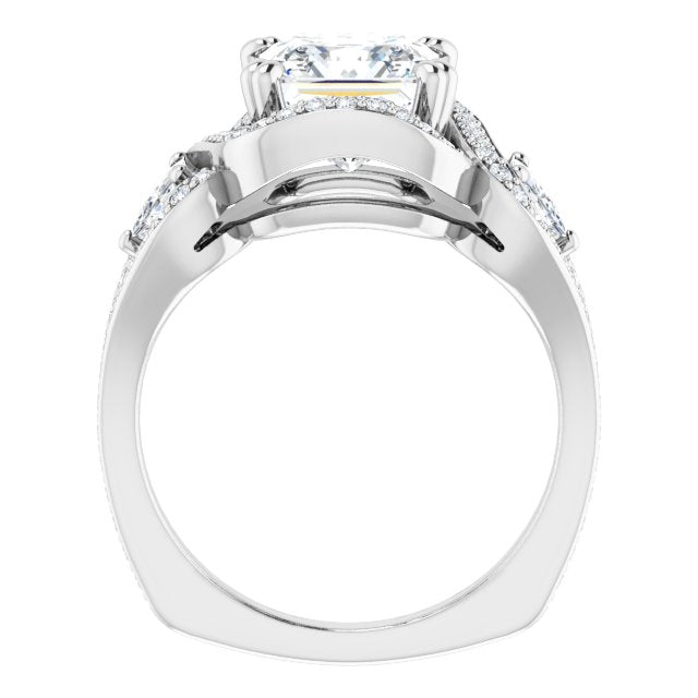 Cubic Zirconia Engagement Ring- The Ana Miranda (Customizable Princess/Square Cut Center with Twin Trillion Accents, Twisting Shared Prong Split Band, and Halo)
