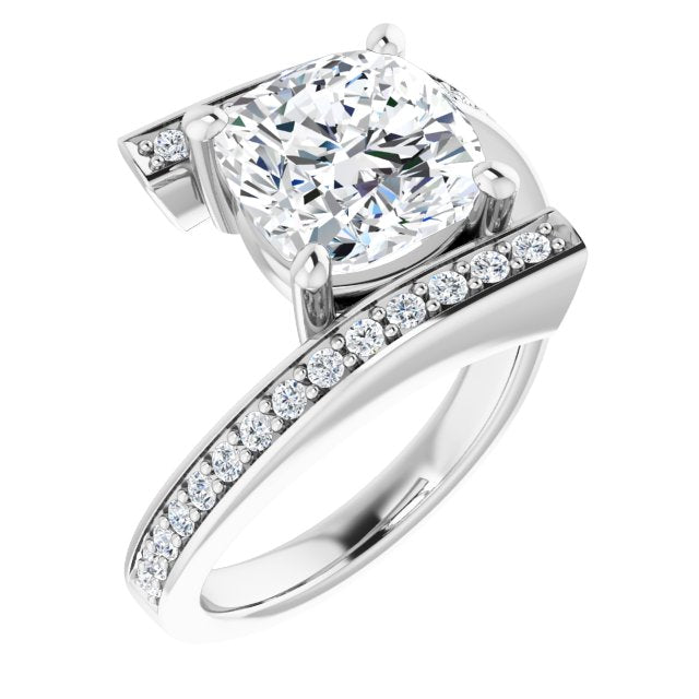 10K White Gold Customizable Faux-Bar-set Cushion Cut Design with Accented Bypass Band