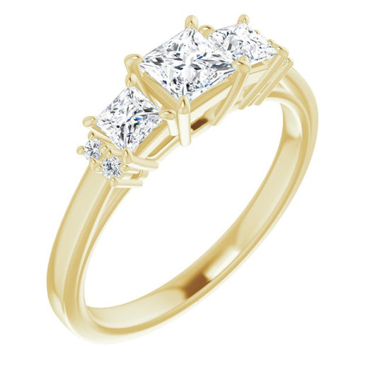 10K Yellow Gold Customizable Triple Princess/Square Cut Design with Quad Vertical-Oriented Round Accents