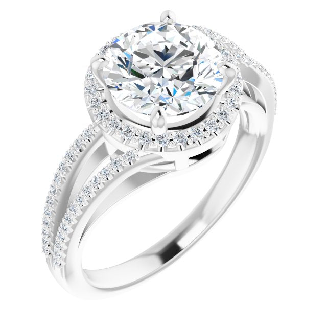 18K White Gold Customizable Round Cut Vintage Design with Halo Style and Asymmetrical Split-Pavé Band