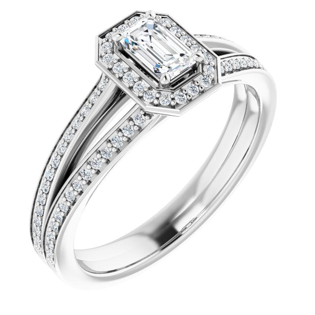 10K White Gold Customizable Emerald/Radiant Cut Design with Split-Band Shared Prong & Halo