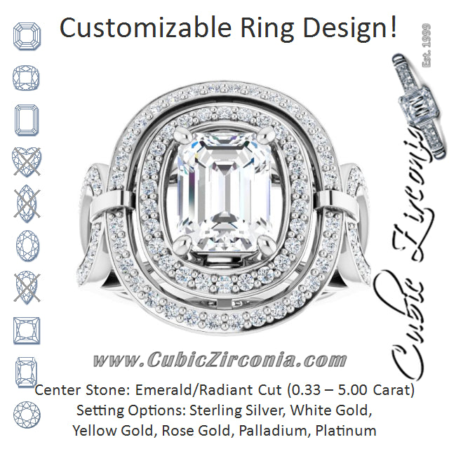 Cubic Zirconia Engagement Ring- The Daksha (Customizable Cathedral-set Radiant Cut Design with Double Halo & Accented Ultra-wide Horseshoe-inspired Split Band)