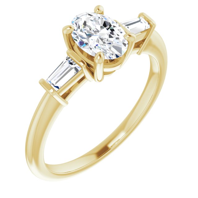 10K Yellow Gold Customizable 3-stone Oval Cut Design with Dual Baguette Accents)