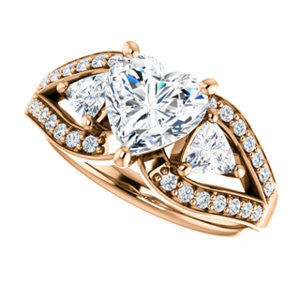 Cubic Zirconia Engagement Ring- The Karen (Customizable Enhanced 3-stone Design with Heart Cut Center, Dual Trillion Accents and Wide Pavé-Split Band)