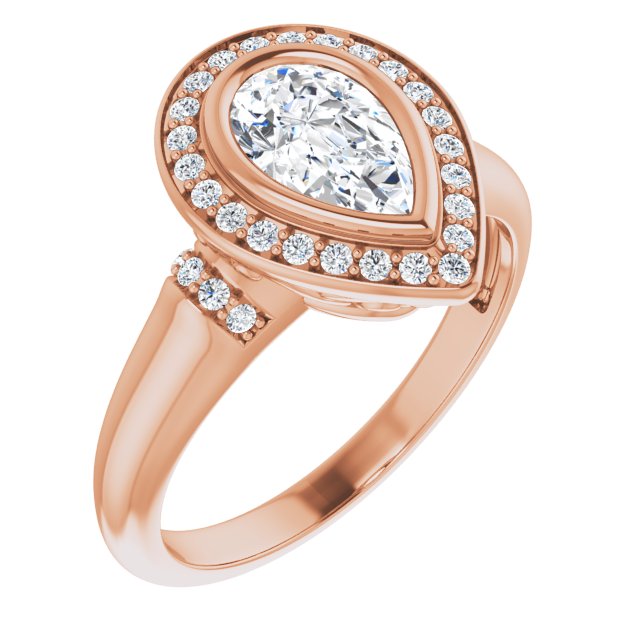 10K Rose Gold Customizable Bezel-set Pear Cut Design with Halo and Vertical Round Channel Accents