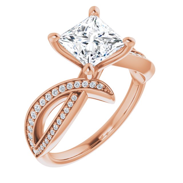 10K Rose Gold Customizable Princess/Square Cut Design with Swooping Pavé Bypass Band