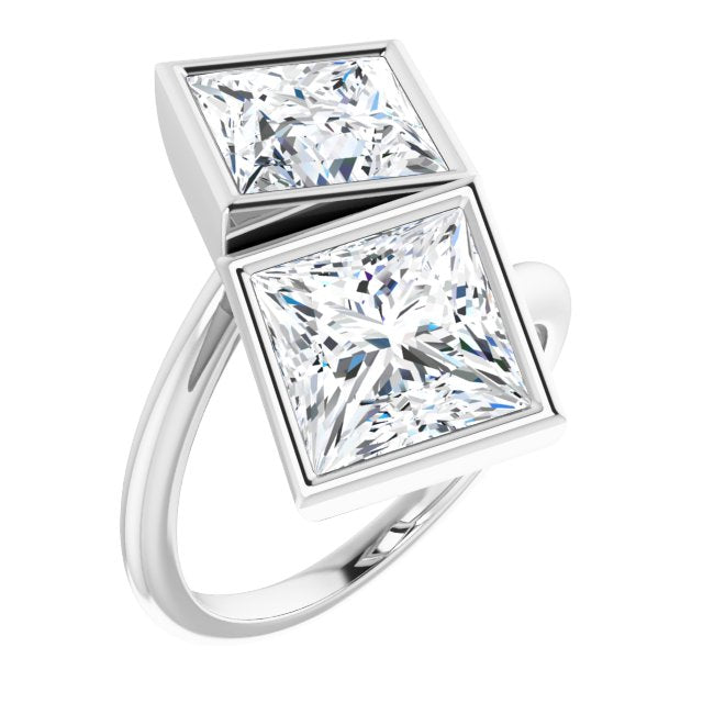 10K White Gold Customizable 2-stone Double Bezel Princess/Square Cut Design with Artisan Bypass Band