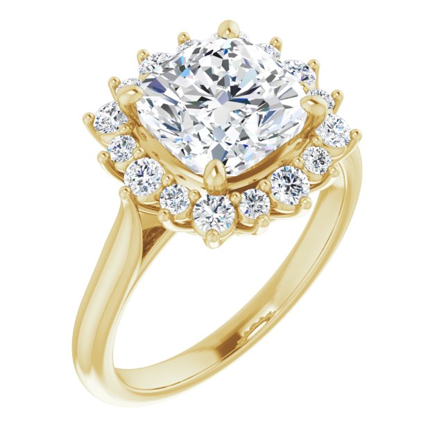 10K Yellow Gold Customizable Crown-Cathedral Cushion Cut Design with Clustered Large-Accent Halo & Ultra-thin Band