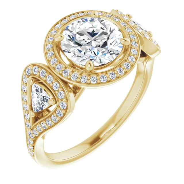 10K Yellow Gold Customizable Cathedral-set Round Cut Design with 2 Trillion Cut Accents, Halo and Split-Shared Prong Band