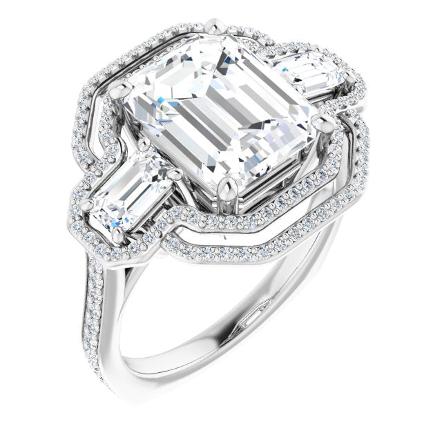 10K White Gold Customizable Enhanced 3-stone Style with Emerald/Radiant Cut Center, Emerald Cut Accents, Double Halo and Thin Shared Prong Band