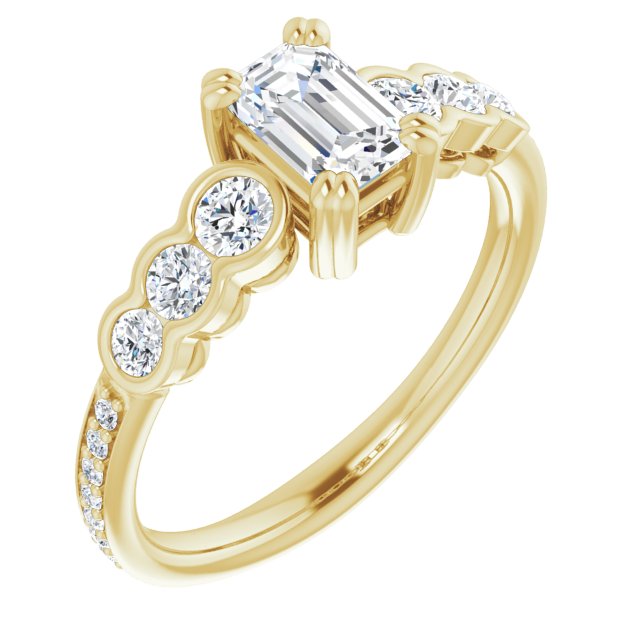 10K Yellow Gold Customizable Emerald/Radiant Cut 7-stone Style Enhanced with Bezel Accents and Shared Prong Band