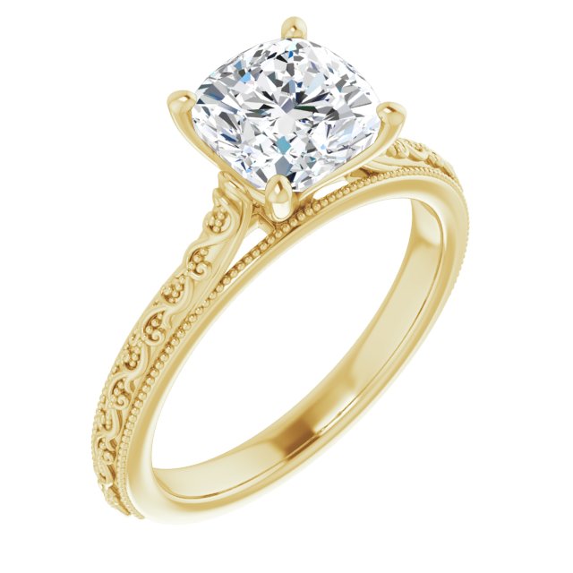 Cubic Zirconia Engagement Ring- The Conchita (Customizable Cushion Cut Solitaire with Delicate Milgrain Filigree Band)