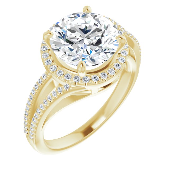 14K Yellow Gold Customizable Round Cut Vintage Design with Halo Style and Asymmetrical Split-Pavé Band