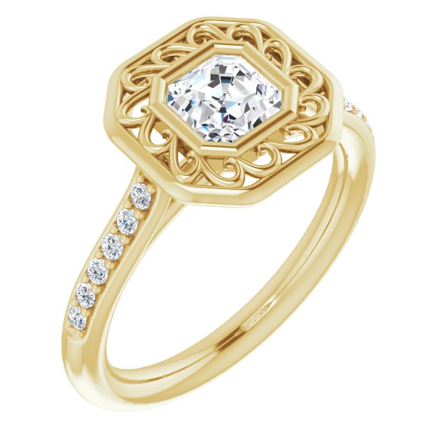 10K Yellow Gold Customizable Cathedral-Bezel Asscher Cut Design with Floral Filigree and Thin Shared Prong Band