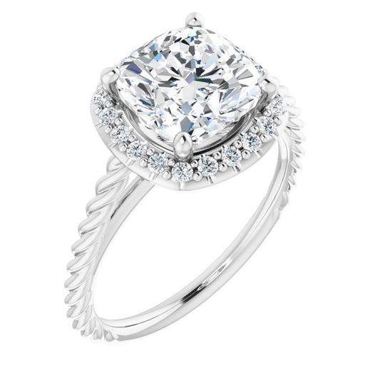 10K White Gold Customizable Cathedral-set Cushion Cut Design with Halo and Twisty Rope Band