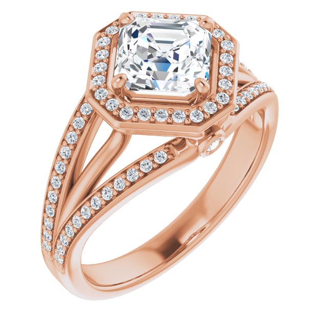 10K Rose Gold Customizable High-set Asscher Cut Design with Halo, Wide Tri-Split Shared Prong Band and Round Bezel Peekaboo Accents