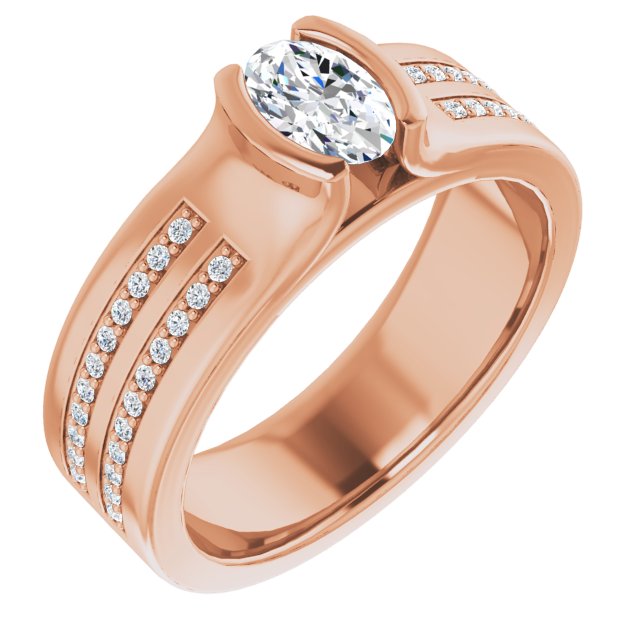 10K Rose Gold Customizable Bezel-set Oval Cut Design with Thick Band featuring Double-Row Shared Prong Accents