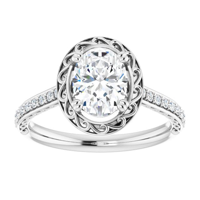 Cubic Zirconia Engagement Ring- The Montserrat  (Customizable Oval Cut Halo Design with Filigree and Accented Band)